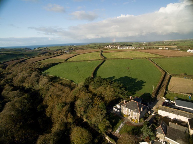 Aerial view of Nanplough Farm looking towards the sea