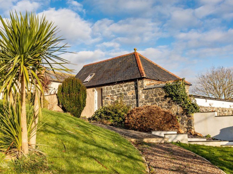 Woodpeckers Cottage, a converted stone barn beside a Cornish palm